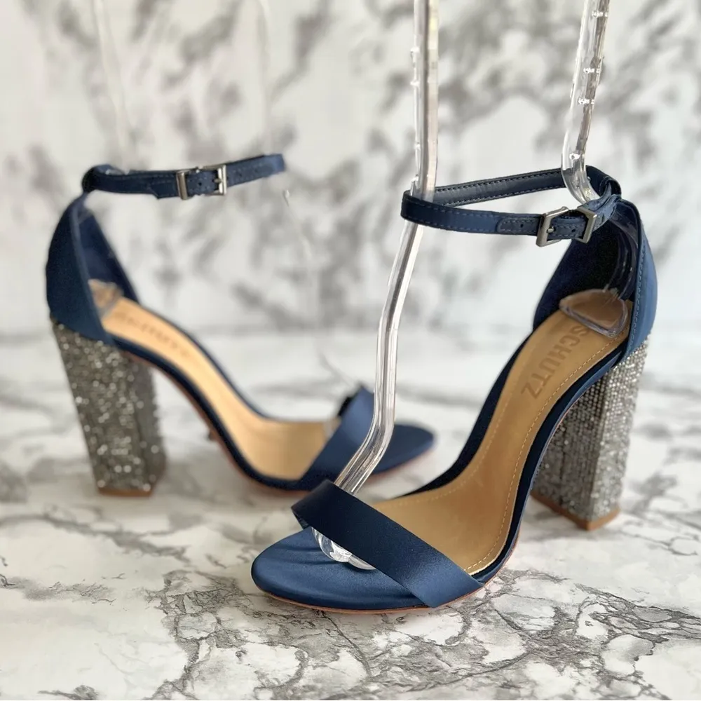 Schutz Hara Blue Satin Rhinestone Ankle Strap Sandals 6 - Image 2