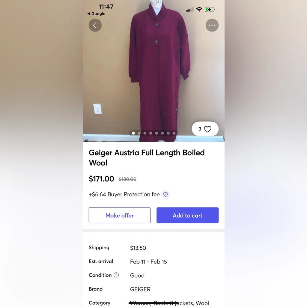 Vintage Geiger Blue Boiled Wool Long Coat Full Length Classic Sz EU 38 US 10 - Image 8