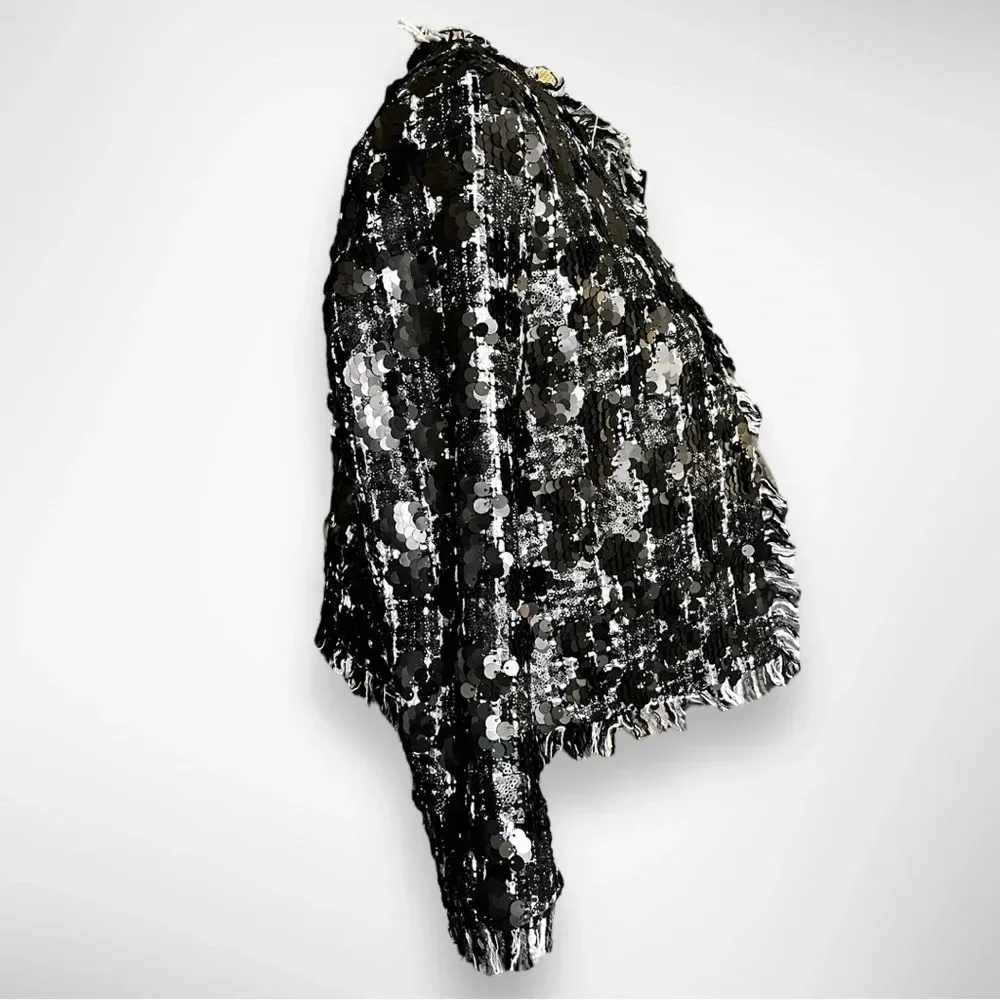 DOLCE CABO Cropped Wool Blend‎ Jacket With Sequin And Fringe Accents Small | EUC Black - Image 4