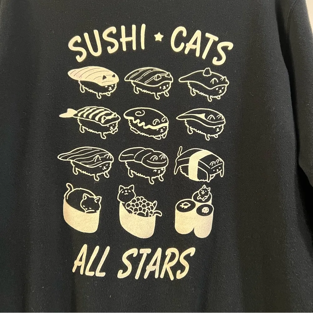 Rustic Charm Japanese Crew Neck Sweater Black Novelty Print Sushi Funny Food Cat - Image 5