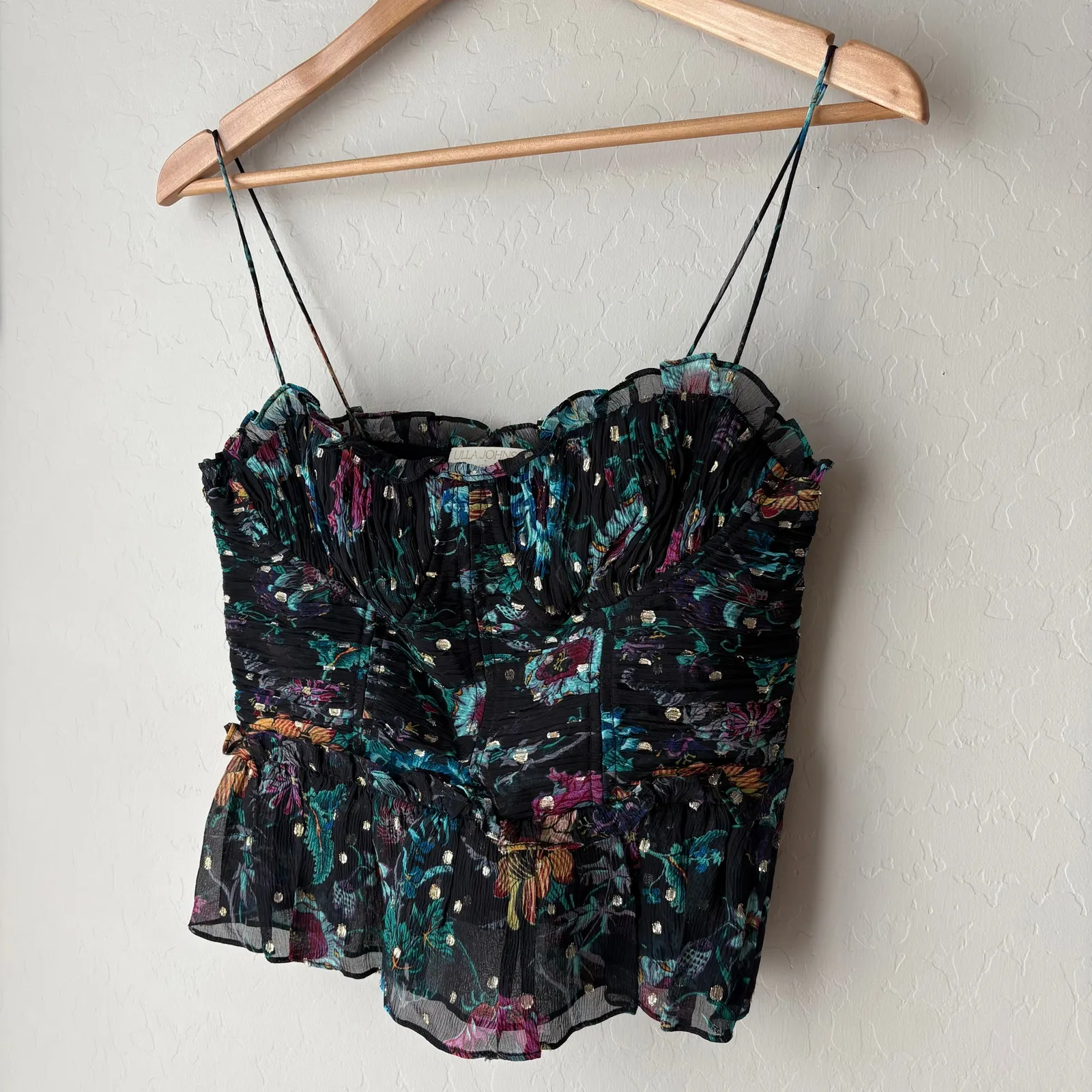Ulla Johnson Camisole Amabel Silk Floral Ruched Crop Top Black Blue Size 0 - Image 4