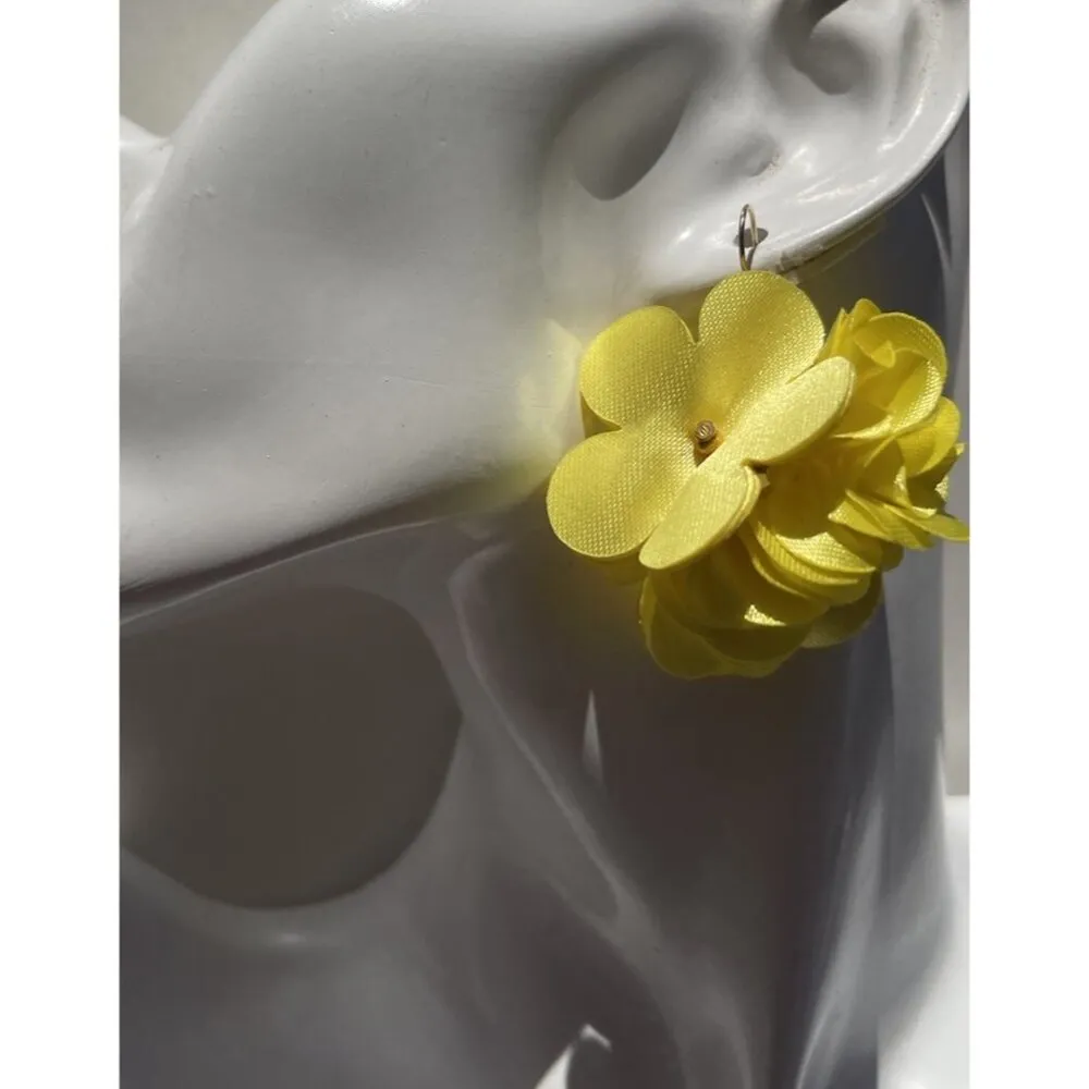 Vintage Flower Ball Earrings Yellow White Stone, Dangle Bright Summer Spring - Image 4