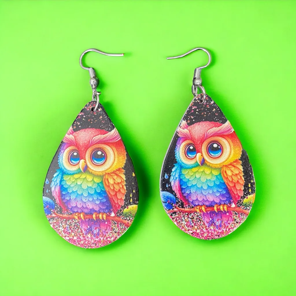 Lovely Owl Design Waterdrop Colorful Wooden Drop Ear Dangle‎ Jewelry - Image 4