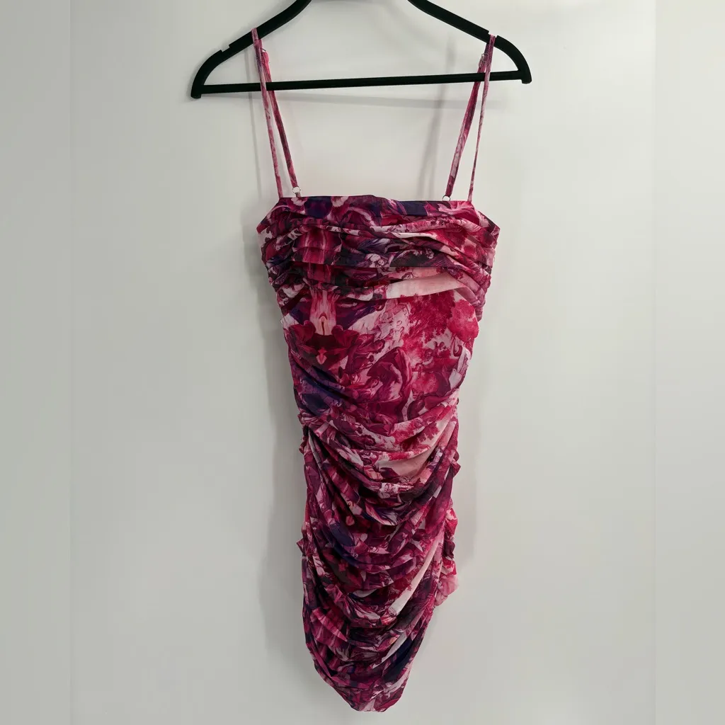 Revolve more to come marina ruched mesh floral pink mini dress size small - Image 2