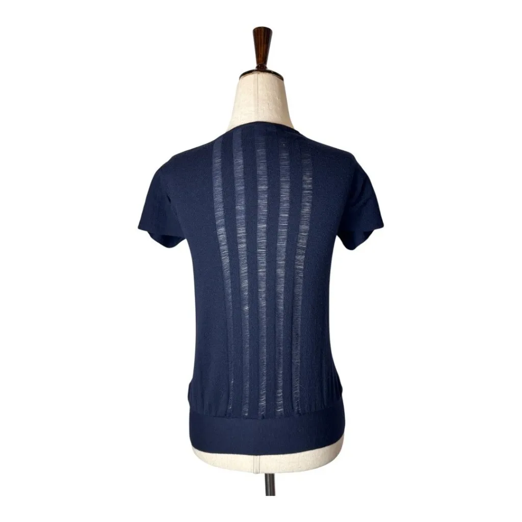 Theory Sweater Women XS Navy Blue Wool‎ Knit Wrap Fringe Detail Luxury Preppy - Image 2