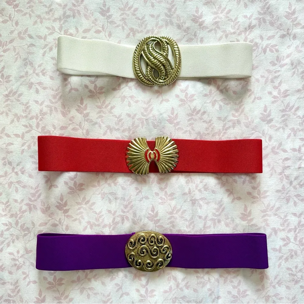 Vintage Deep Violet Elastic Belt with Round Buckle and Swirl Details Purple - Image 3