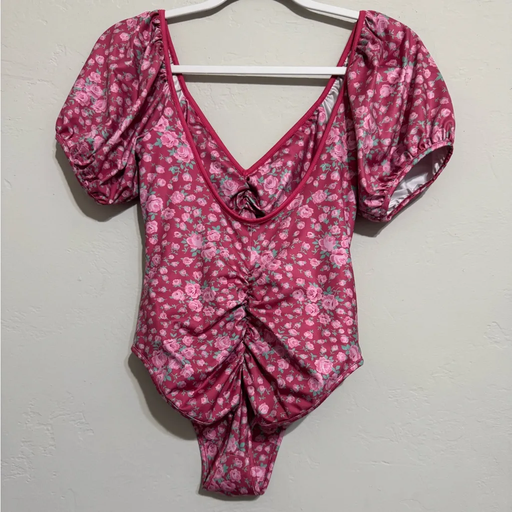 LoveShackFancy Puff Sleeve Floral Smocked Robbie One Piece Bathing Suit (S) - Image 2