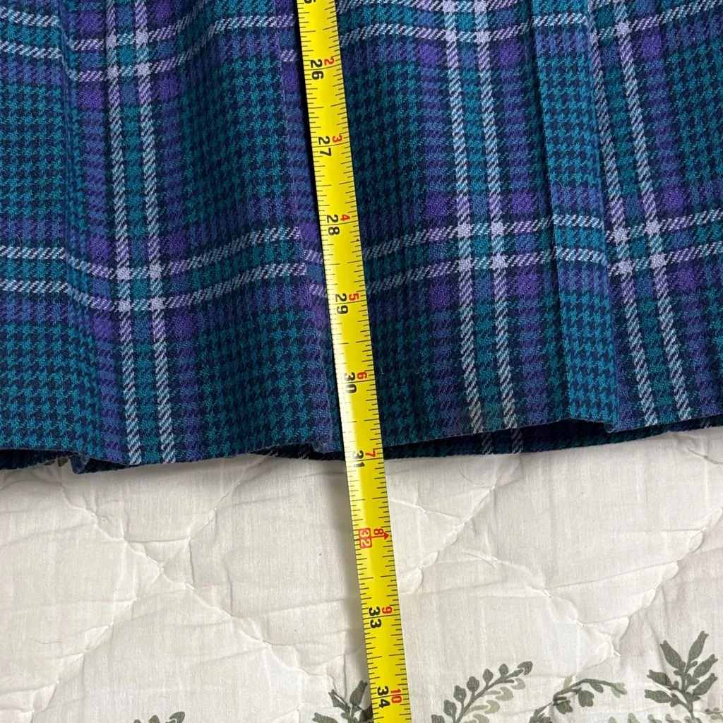 Vintage Plaid Pleated Blue Purple 100% Wool Women's Skirt - Image 7