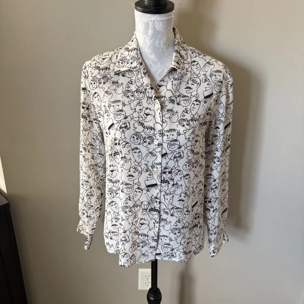 Le Caviar Womens Vintage People Print Blouse Long Sleeve Rare Small Shoulder Pad White - Image 2