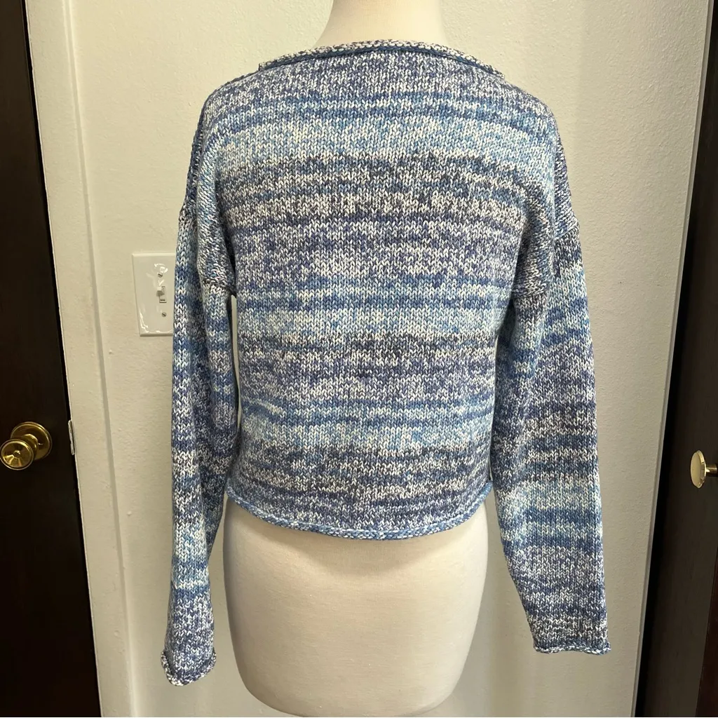 Margaret O’Leary Blue White Space Dye Cropped Rolled Hem Sweater Womens Size XS - Image 3