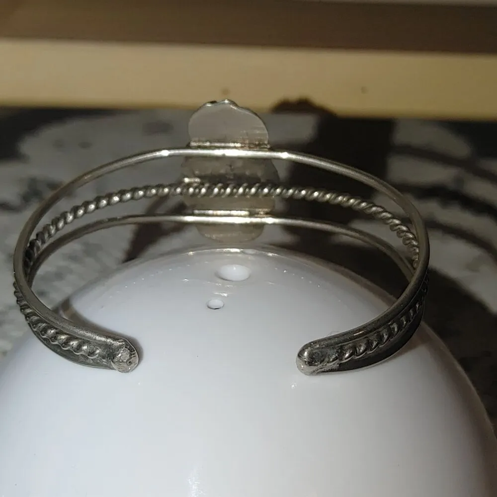 Vintage Silver Tone Cuff Bracelet Ornate Mother Of Pearl Inlay Twisted Rope Desi - Image 10