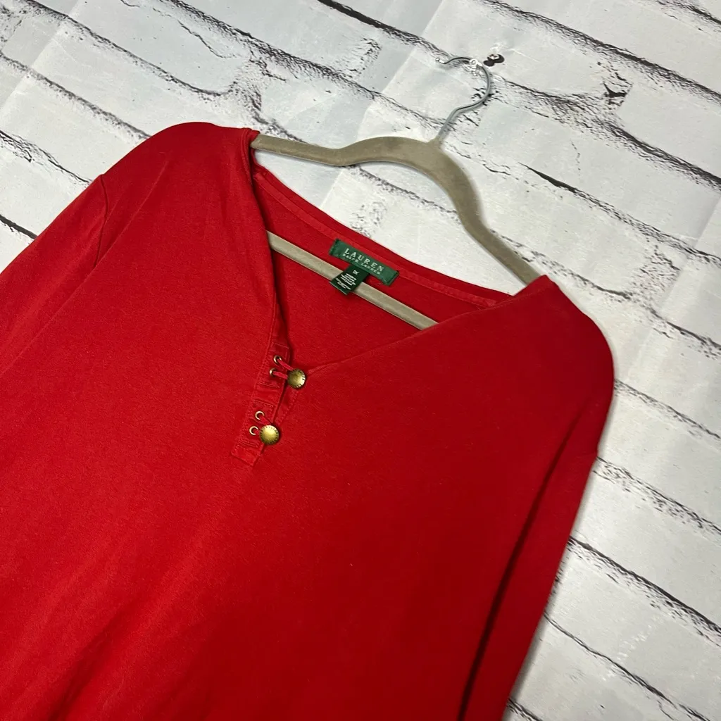 Lauren Ralph Lauren Red ¼ Button V‑Neck Blouse Women’s XL Classic Career Top Y2K - Image 7