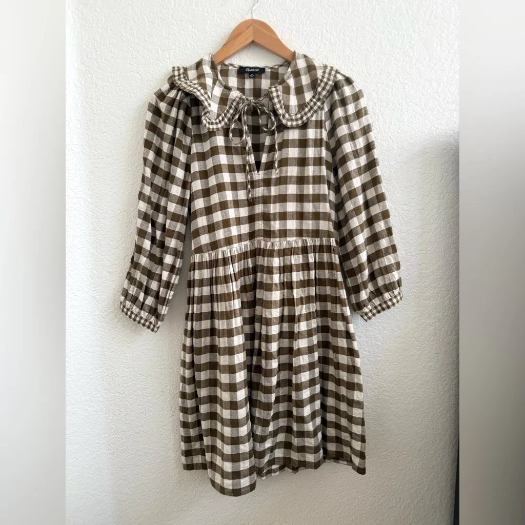 Madewell Gingham Collared Puff-Sleeve Mini Dress Cottage Core Greenish Brown XS - Image 4