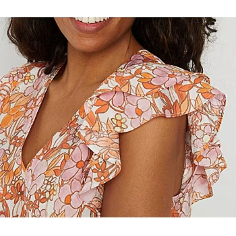 NWT Ryegrass Floral Ruffle Sleeve Button Down Blouse Orange Size L - Image 4
