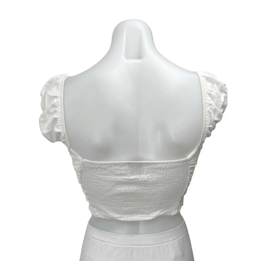 Princess Polly White Short Puff Sleeve Ruched Smocked V Neck Crop Top Size 6 - Image 2