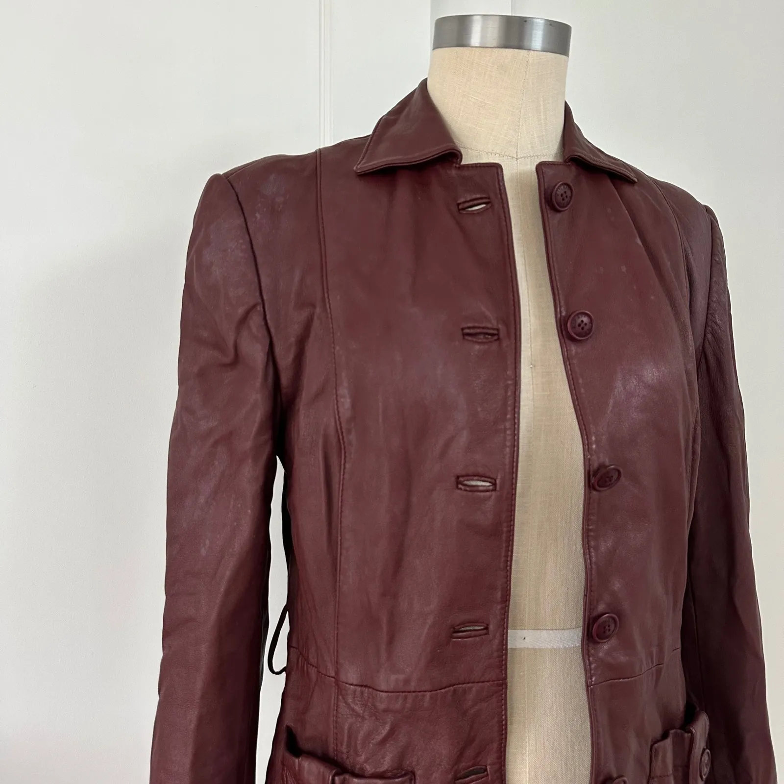 Kinaff Burgundy Leather Blazer Jacket XS Front Button Pockets Tailored Brown - Image 13