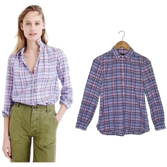 J Crew Top Womens 0 Plaid Cotton Button Up Long Sleeves Collared Purple - Image 2