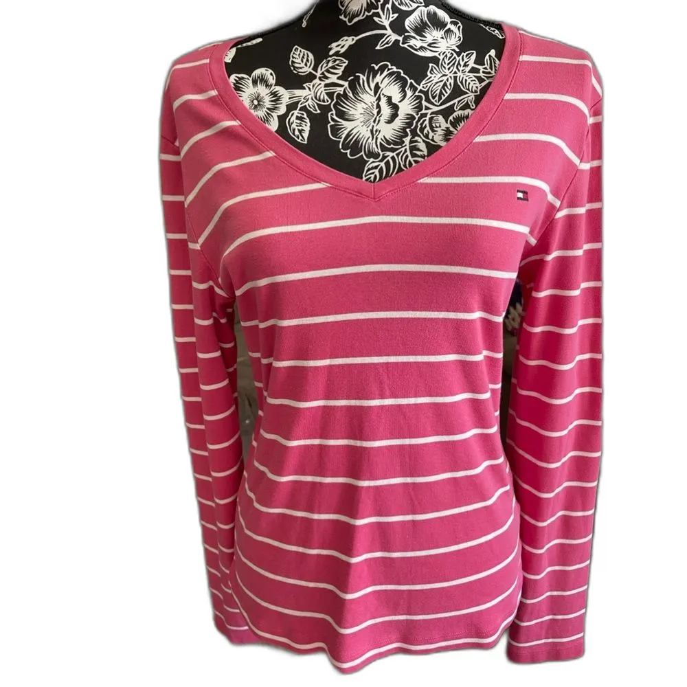 Tommy Hilfiger Women's Pink & White Striped Long-Sleeved Cotton Top Size Large - Image 5