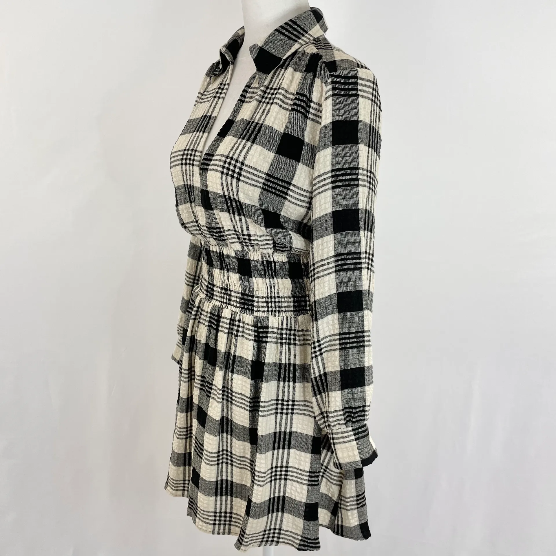 Plaid Collared Smocked Waist Long Sleeve Mini Dress Black Cream Size Small - Image 10