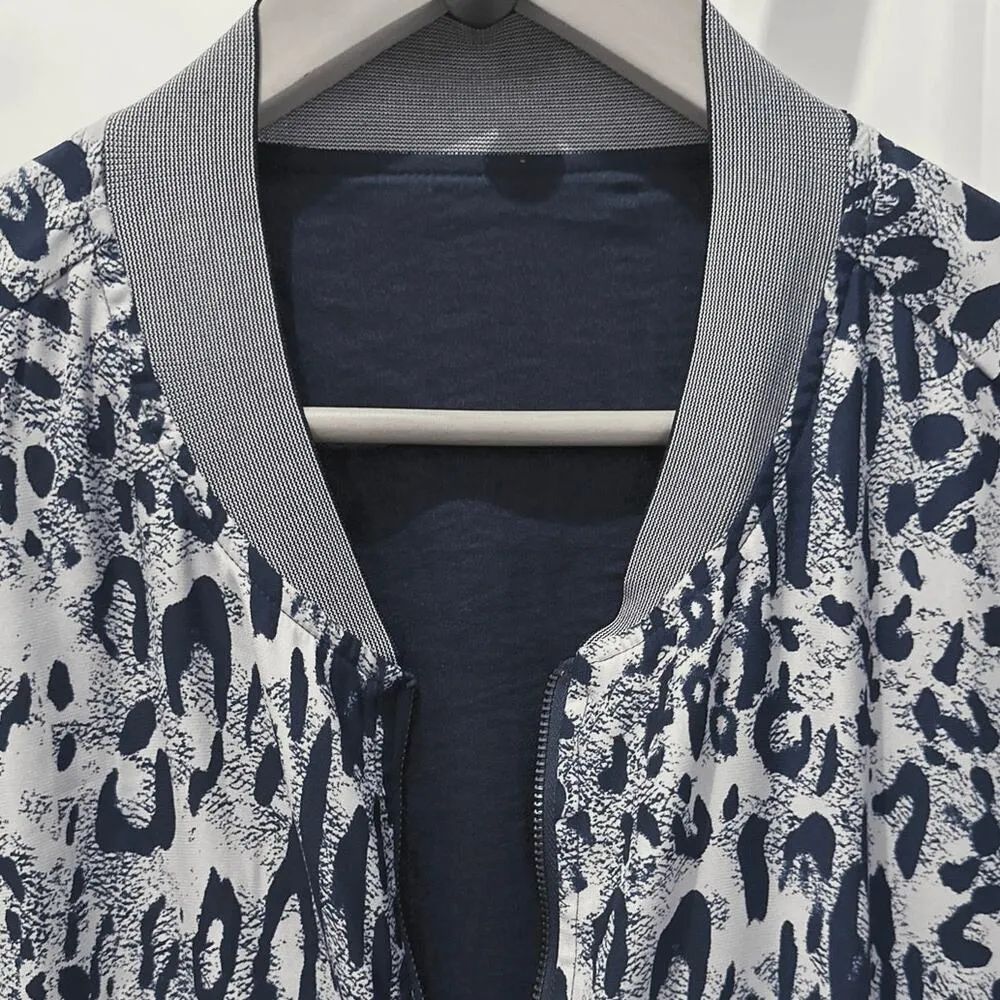 Plus 2X Navy Leopard Reversible Long Zip Up Lightweight Jacket Blue - Image 4