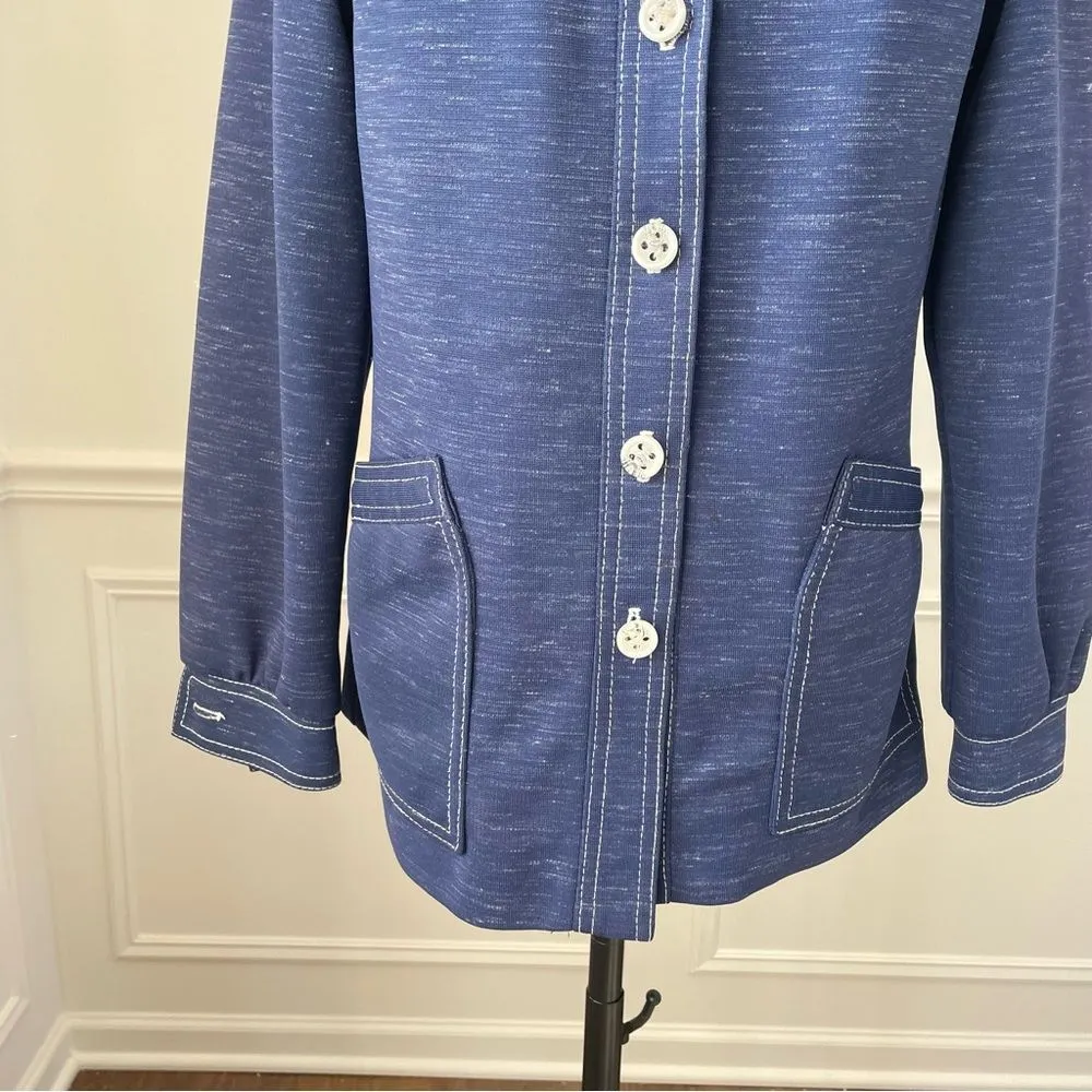 Vintage 70s Leisure Suit Button Jacket Dagger Pointed Collar Blue White S - Image 4