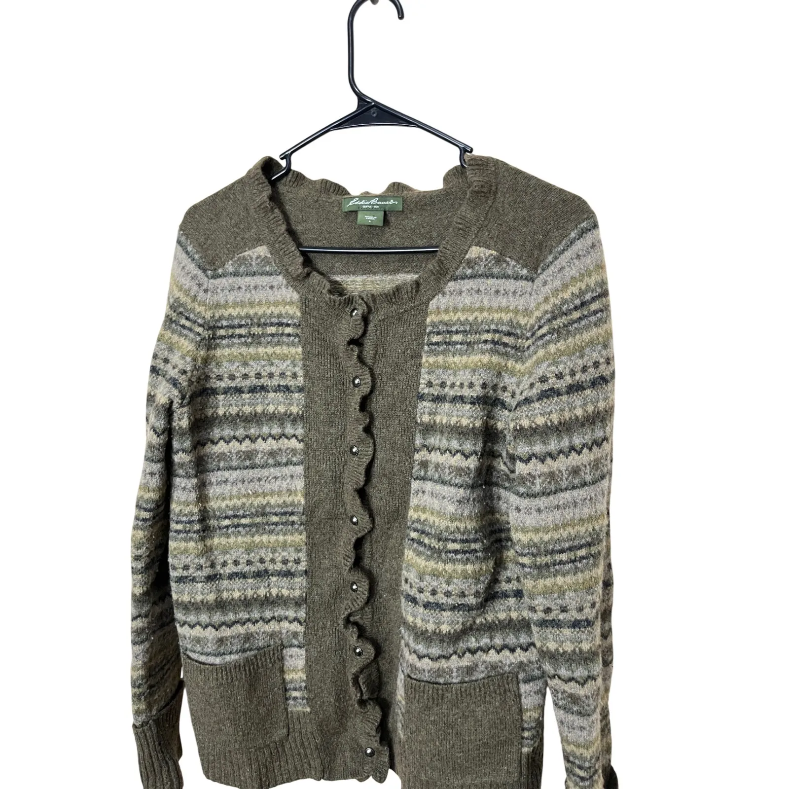 Eddie Bauer Lambswool Blend‎ Cardigan Sweater Olive Green L - Image 2