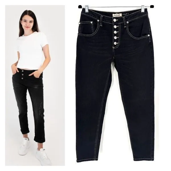 Please Button Fly Black Boyfriend Jeans Made in Italy Size XS X Small Stretch - Image 2