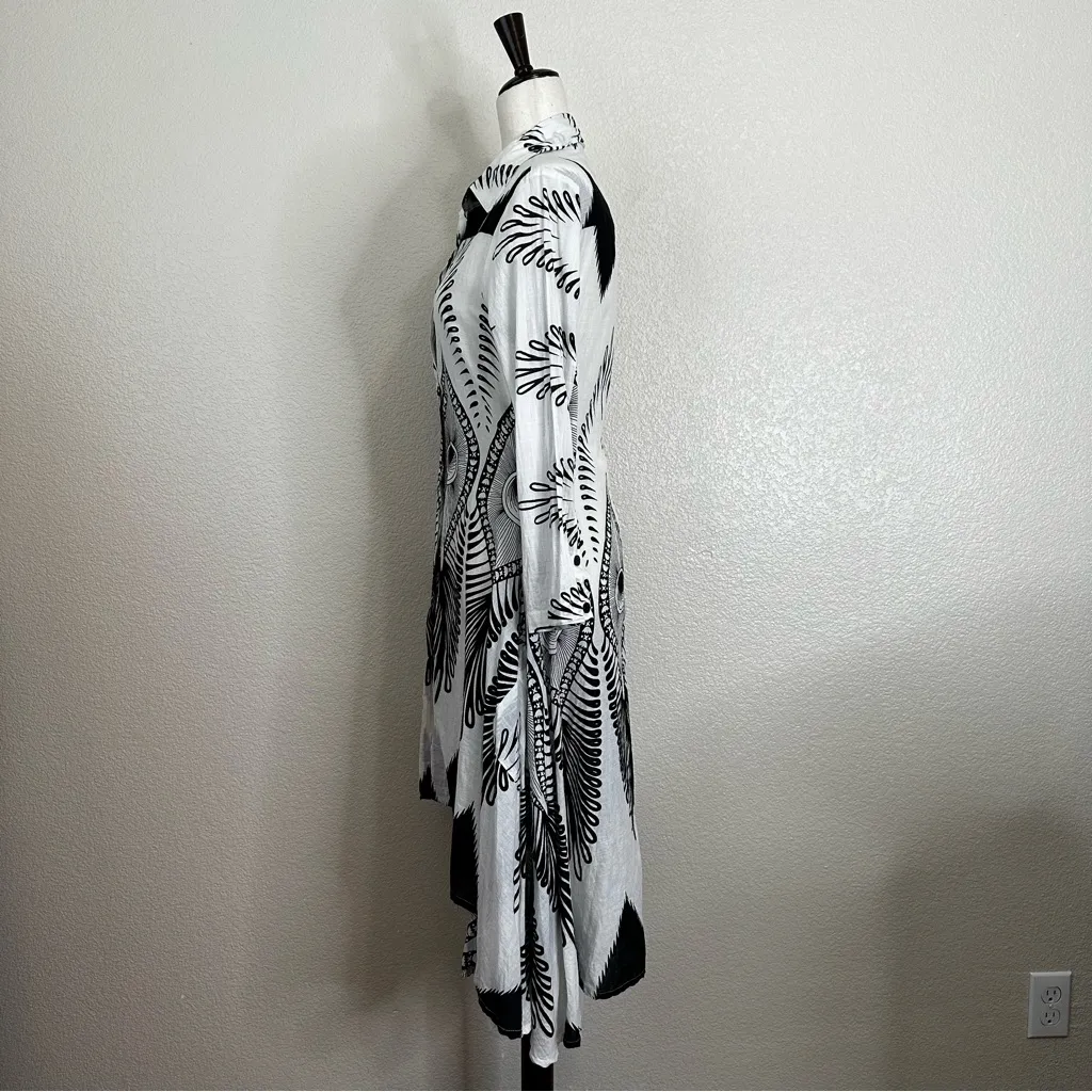 Step In Style Boho Peacock Feather Button Down Asymmetrical Midi Dress, Sz PS Black - Image 6