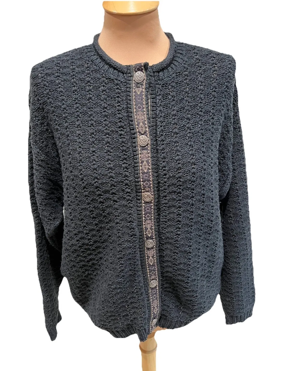 Alps Navy Blue Cardigan Sweater Silver Buttons Nordic Alpine Cabincore Ski Size L - Image 1