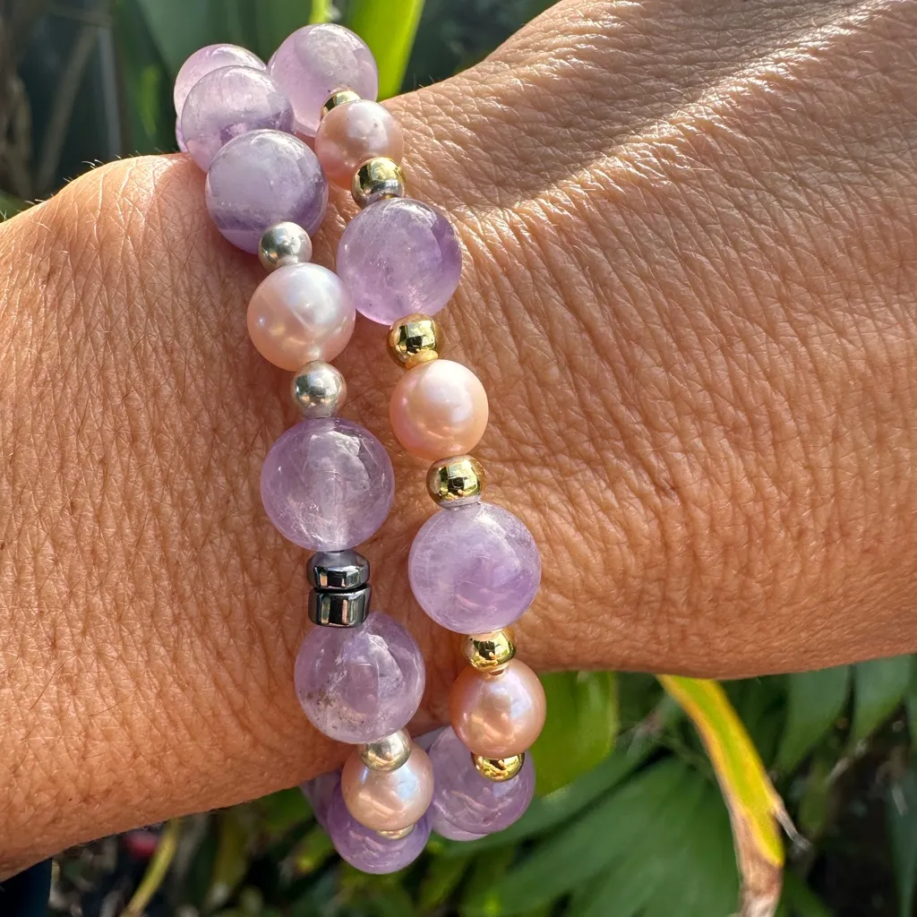 Handmade Amethyst freshwater Pearl 18k Gold Filled Made on Maui Bracelet Purple - Image 4