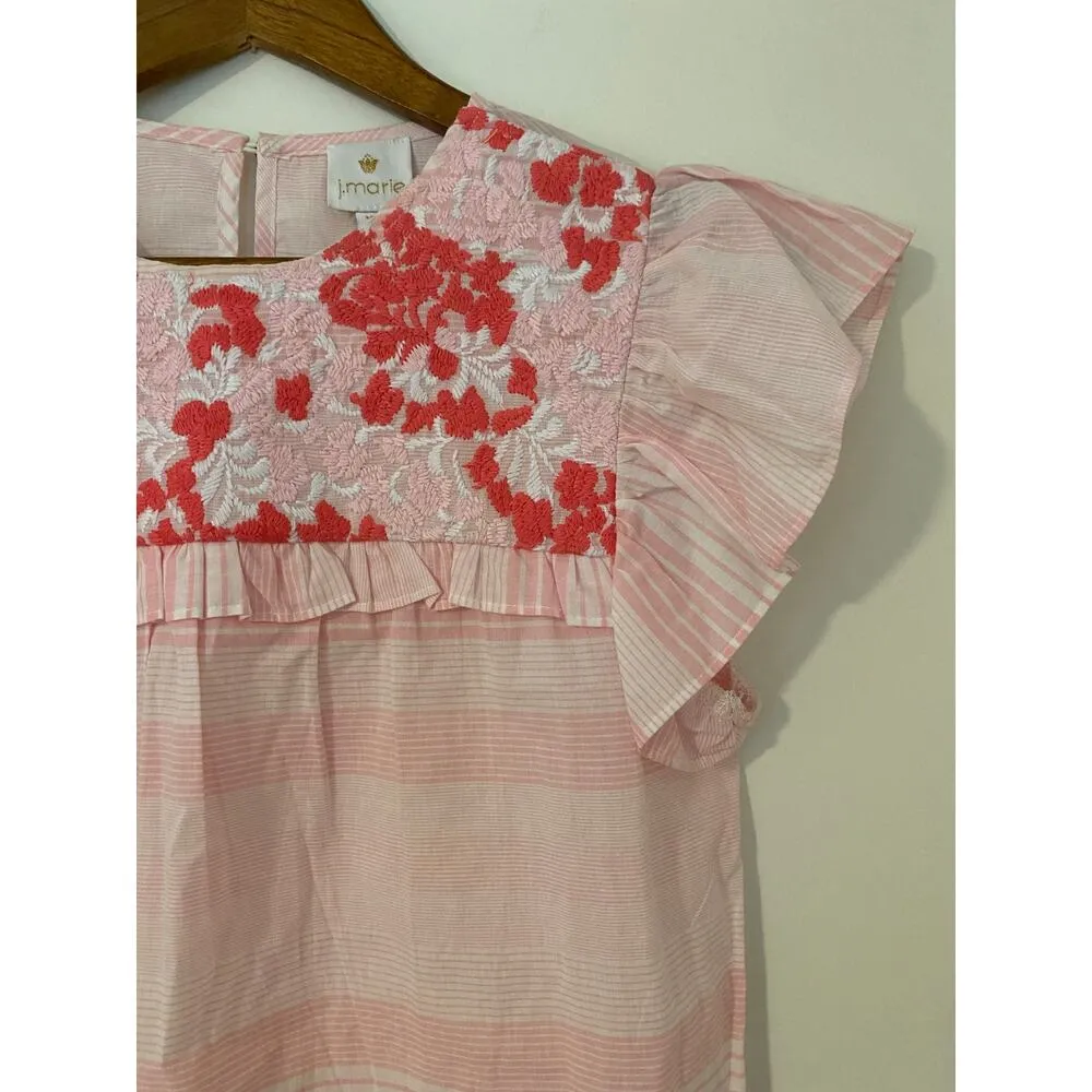 J Marie Pink White Red Embroidered Sleeveless Ruffle Tank Top 100% Cotton EUC XS - Image 2