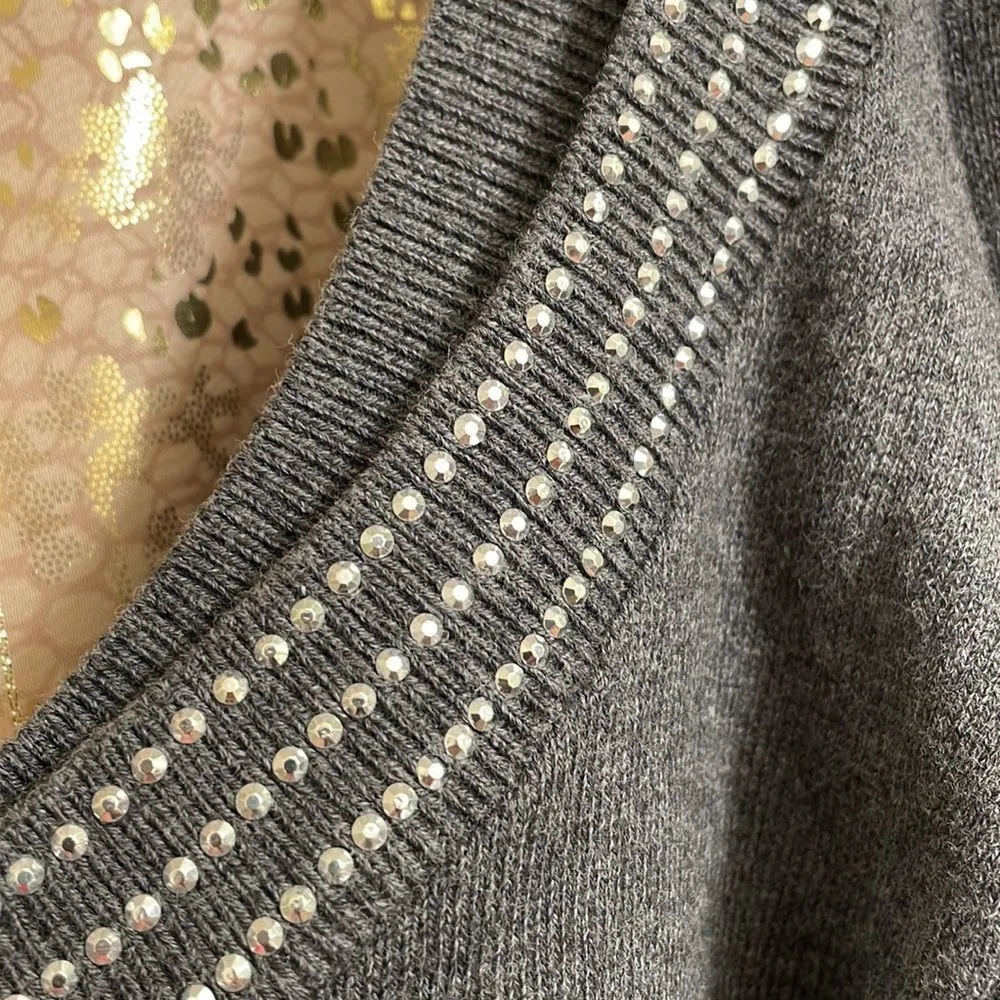 Michael Kors dark gray bell sleeve cold shoulder rhinestone sweater, M, NWT - Image 7