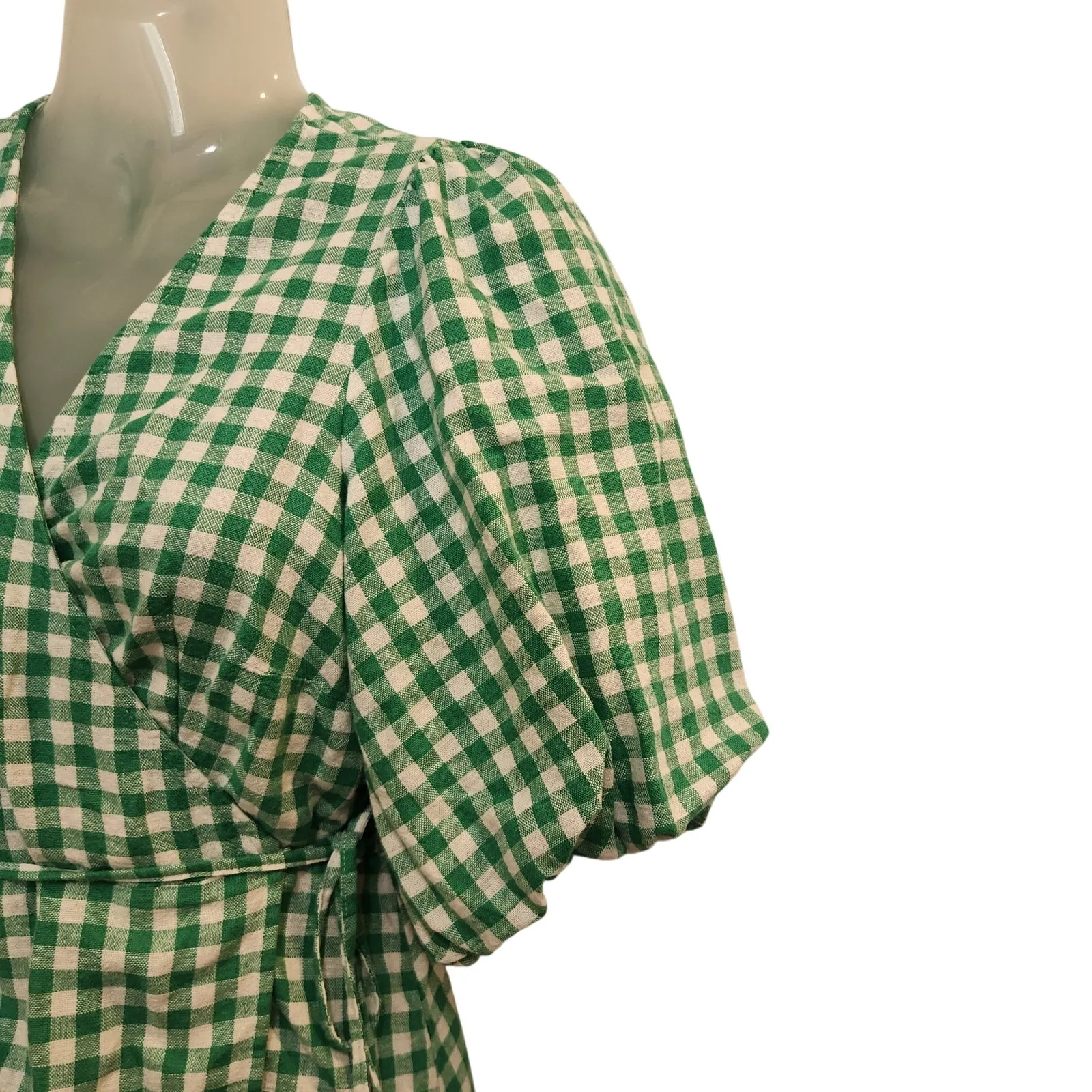 Old Navy Above The Knee Linen Waist-Defined Wrap Gingham Dress Green Medium - Image 6