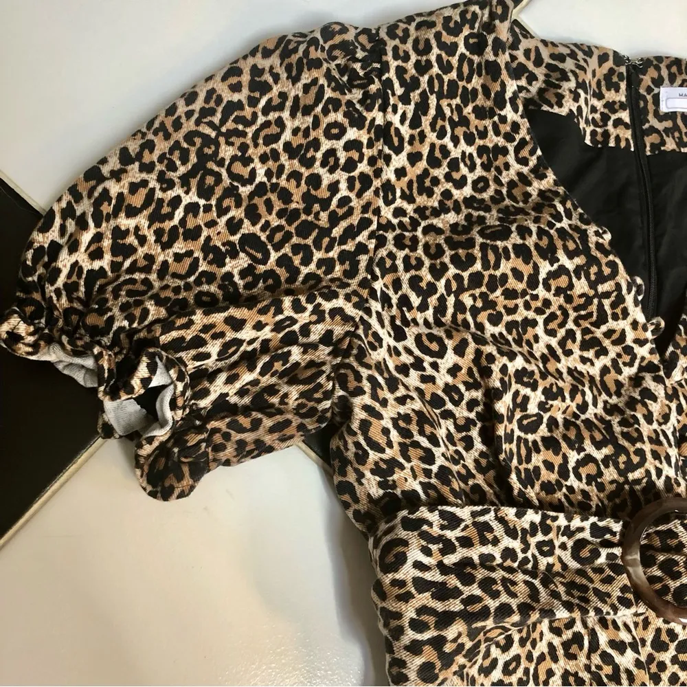 Belted Leopard Print Denim Mini Dress Long Sleeve Safari Neutrals L - Image 9