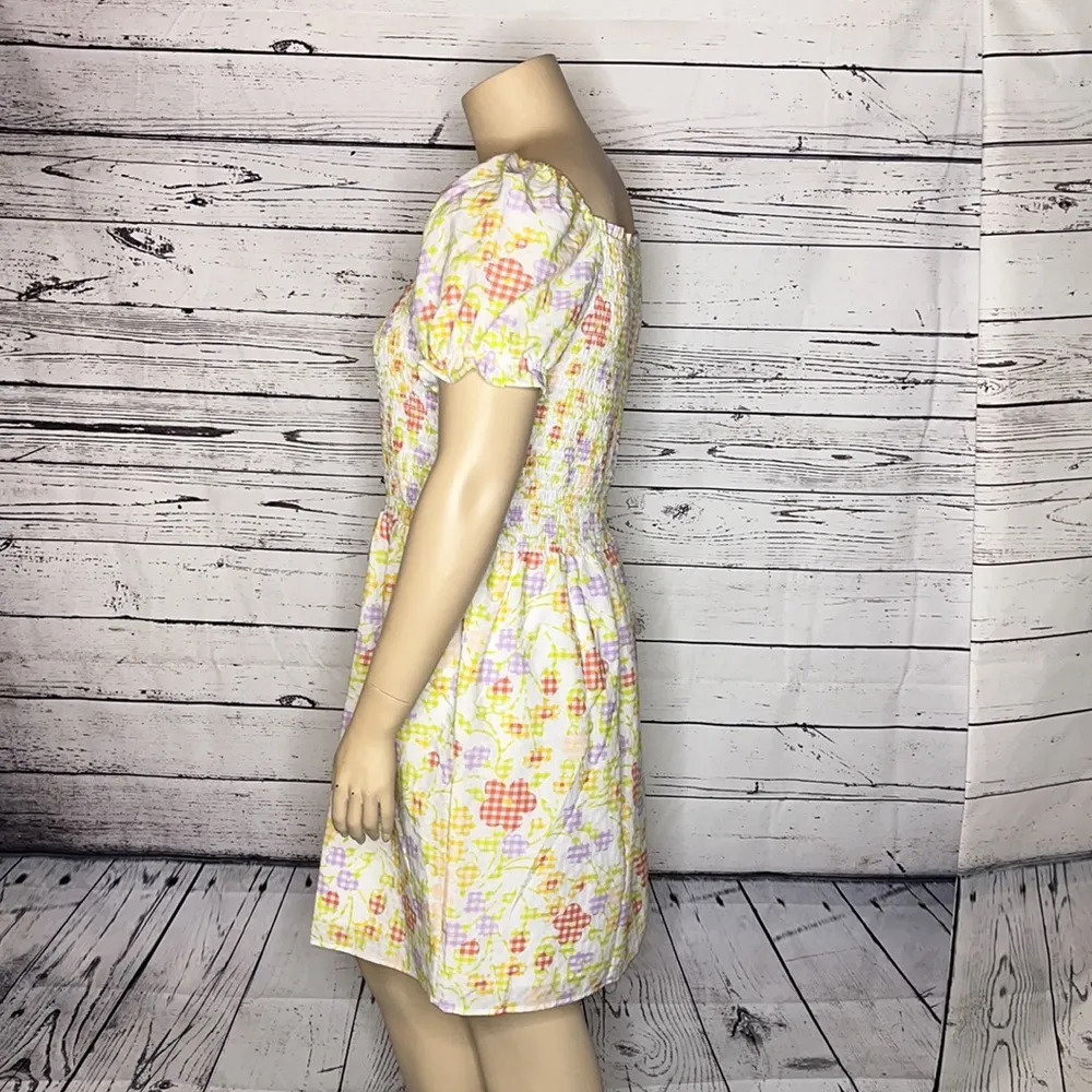 LOFT Ann Taylor NWT Size XL Gingham Floral Print Puff Sleeve Smocked Dress - Image 3