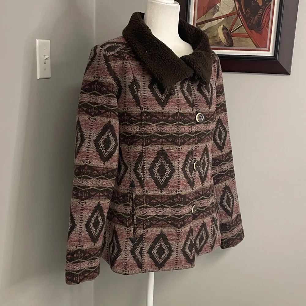 Powder River Panhandle Slim Aztec Print Wool Blend Jacket Size Small Sherpa Brown - Image 8