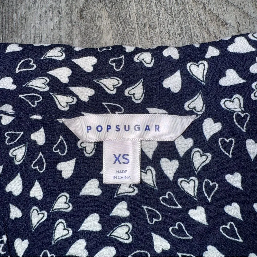 POPSUGAR Navy Blue White Heart Dress XS Button Down Pockets - Image 6