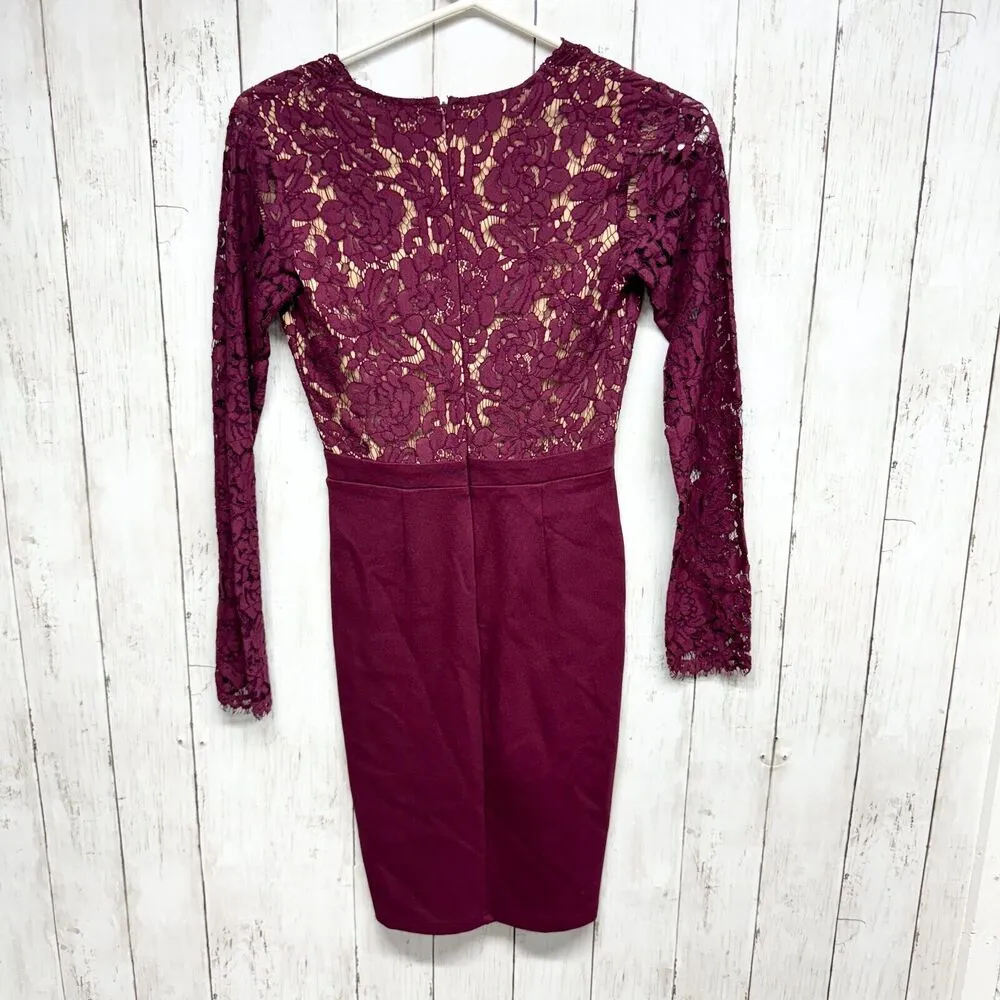 Lulus Dress Women Sz XS Plum Laced Swooner Later Plunge Long Sleeve Lace Mini Purple - Image 5
