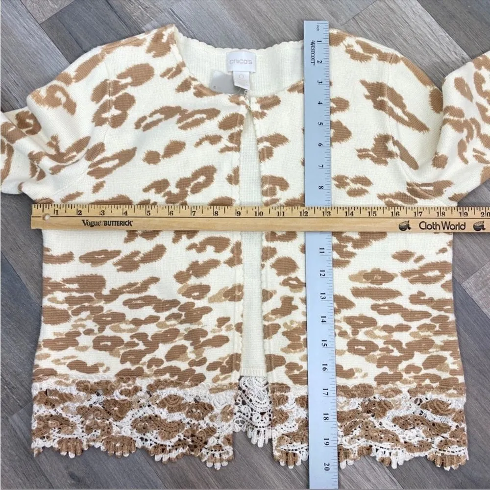 Chico’s Charlee Cheetah Lace Hem Crop Cardigan Sweater Cream Tan Small - Image 13