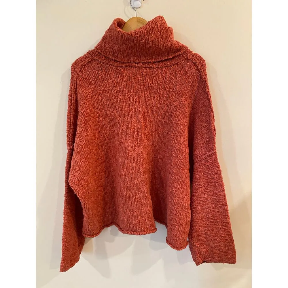 Free People Women's Sweater L Slouchy Cowl Neck Orange Textured Knit Pullover - Image 4