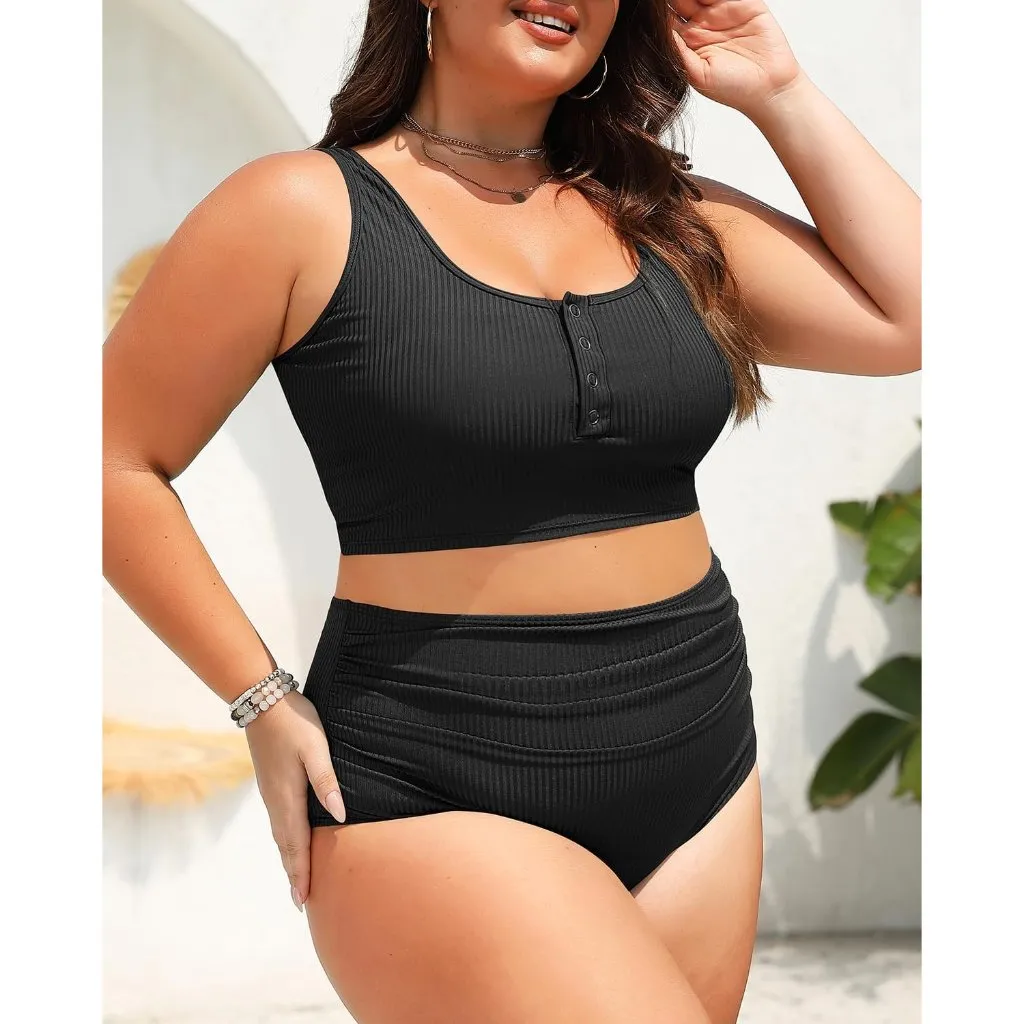 Plus Size 2 Piece Swimsuit Women's 24 PLUS Black High Waisted Bikini Ribbed NEW! - Image 5