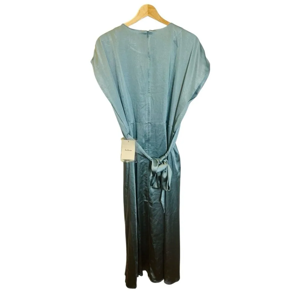 Bohme Rosalind Midi Dress Blue Satin XL Cap Sleeve Front Tie Round Neck - Image 6