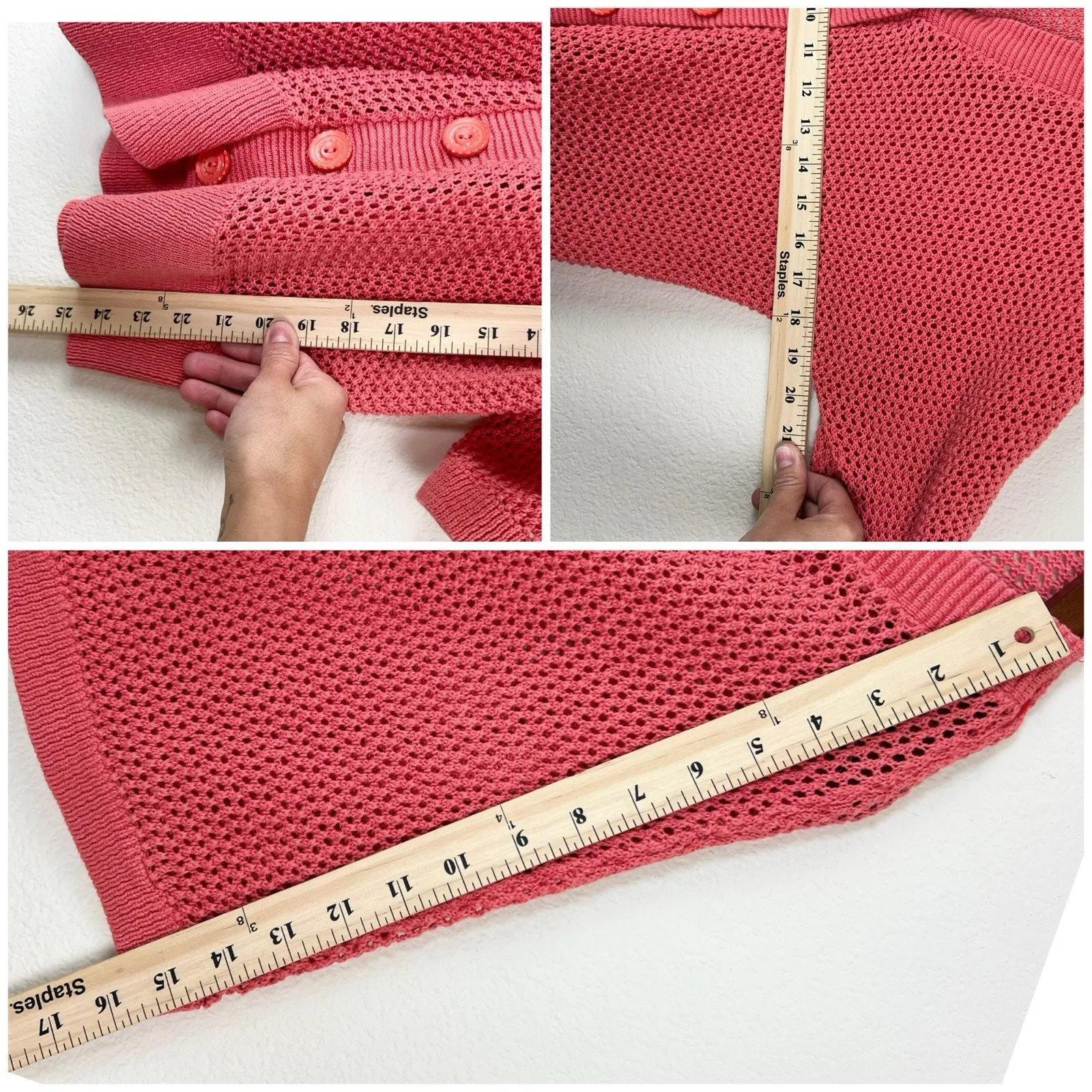 Judith Hart Coral Open Knit Short Sleeve Cardigan 1X Linen Cotton Button Front Orange - Image 7