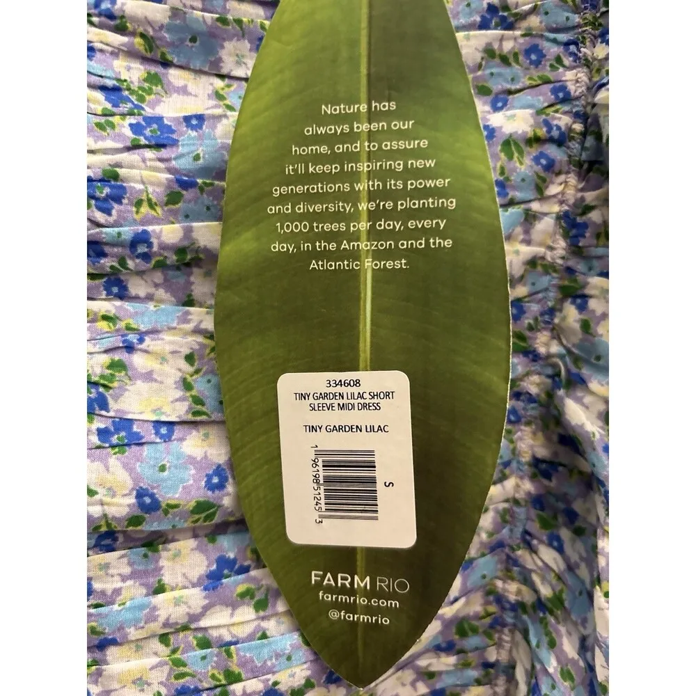 FARM Rio Tiny Garden Lilac Smocked Short Sleeve Midi Dress Size S Floral New - Image 3