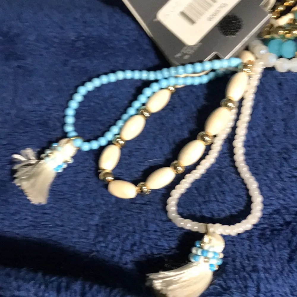 7 Pack Bracelets Blue/White/Gold Beaded Crystals Fringed NWT Blue - Image 6