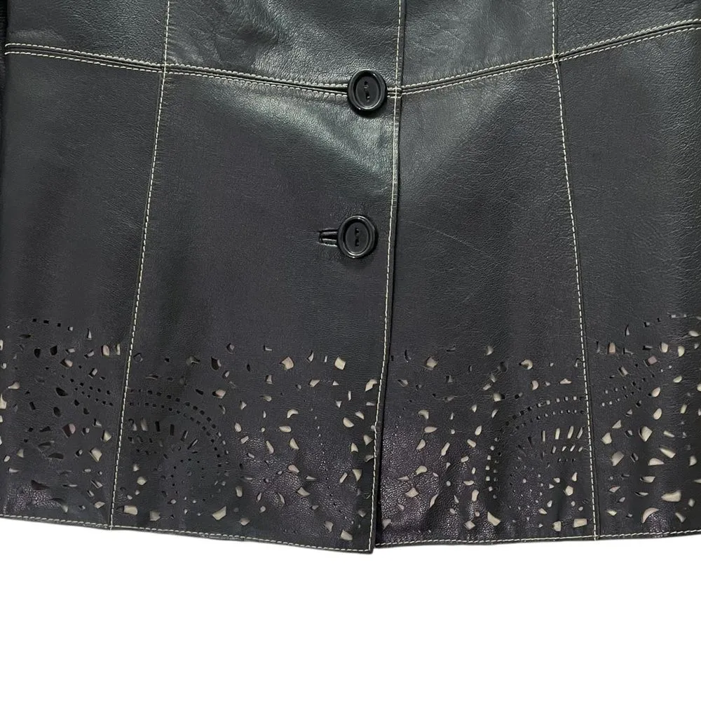 Vintage Classiques Entier Black Leather 3-Button Blazer Lasercut Trim Sz 10 Y2K - Image 4