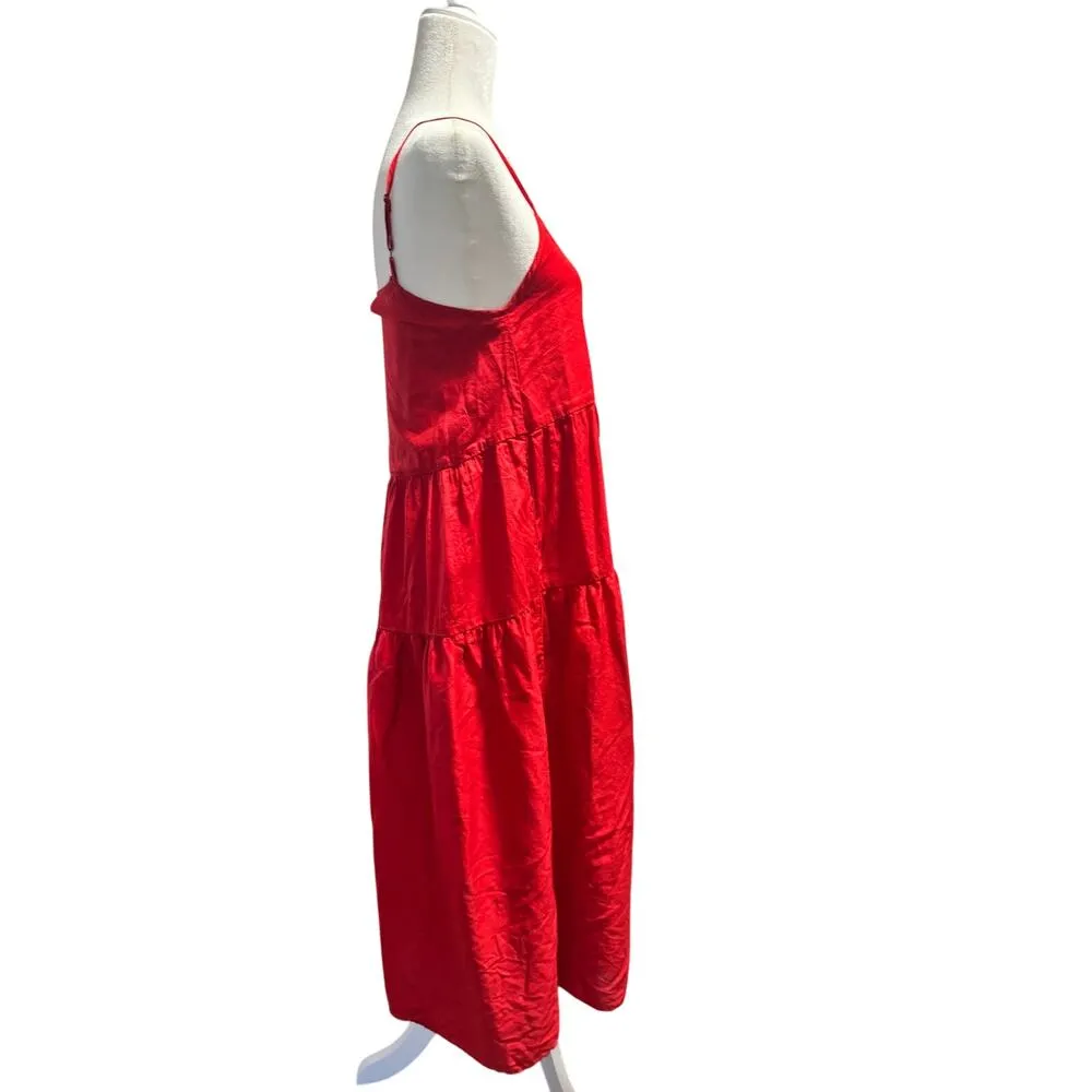 ENZA COSTA Cotton Strappy Tiered Midi Dress in Tomato, Sz 0(XS) Red - Image 3