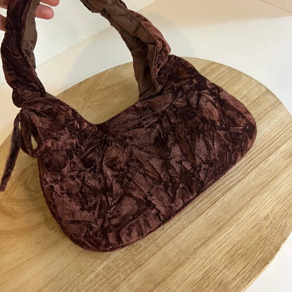 Y2K Whimsical Velvet Brown Patchwork Sequin Mini Top Handle Shoulder Bag - Image 3