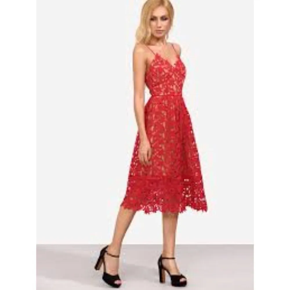 ✨ HP✨ Hollow Out Fit & Flare Lace Cami Dress✨ Red Size M - Image 5