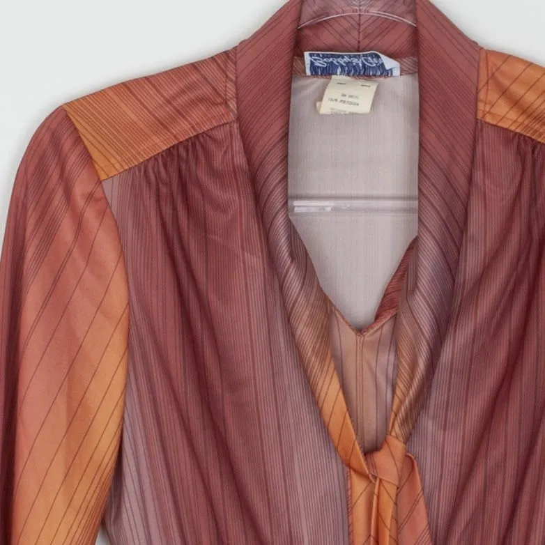 Bobbys Girl Vintage 70s 80s Midi Dress Tie Neck Stripe Print Rust Orange Size 10 Brown - Image 4